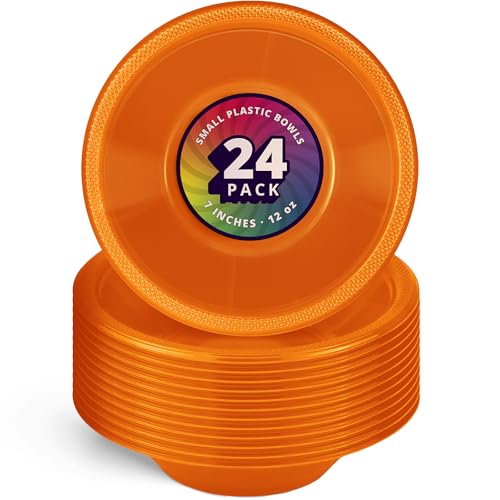 Orange Disposable Plastic Bowls - 7 inch, 12 oz, Pack of 24 for Parties & Kitchen