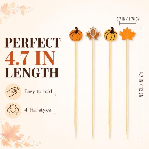 Fall Pumpkin Maple Cocktail Picks - 100PCS Autumn-themed Bamboo Skewers with Variations Orange & Brown