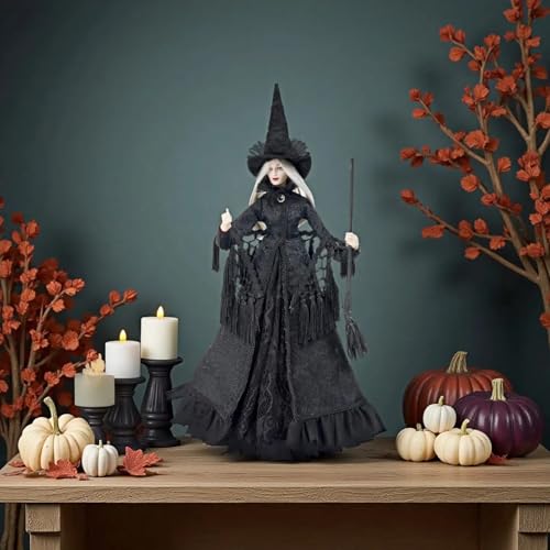 Halloween Witch Figurine Indoor Decor - Black Fabric Gothic Ornament 19 Inch