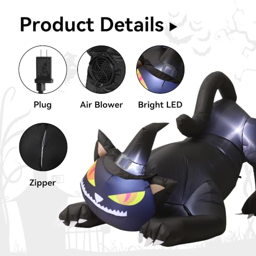 6FT Halloween Rotating Black Cat Inflatable Decoration with Witch's Hat - Outdoor Spooky Yard Decor