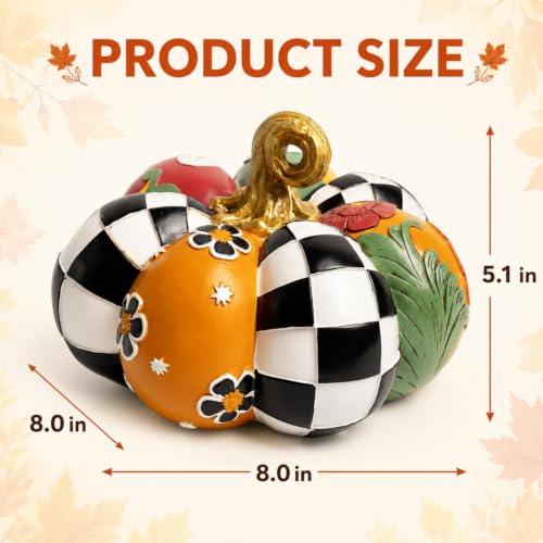 Black and White Checkered Pumpkin Figurine for Fall Table Decor
