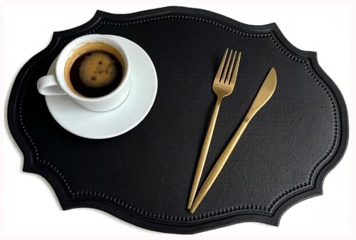 Double-Texture Faux Leather Oval Placemats Set of 6 - Black, Washable, Non-Slip & Heat Insulation