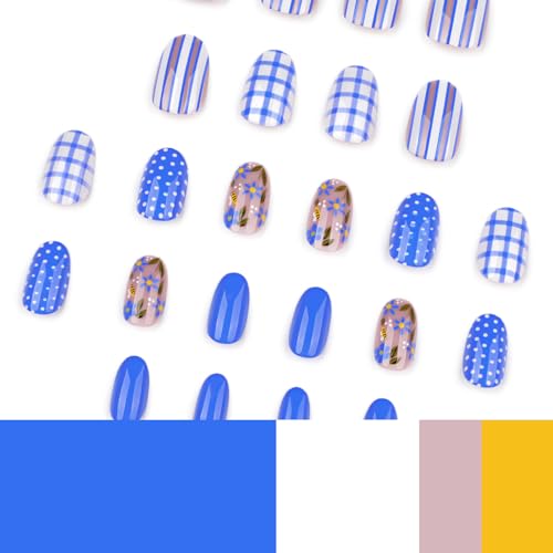 Blue Press On Nails Short Almond Fake Nails with Flower Designs - Colorful Variation 9