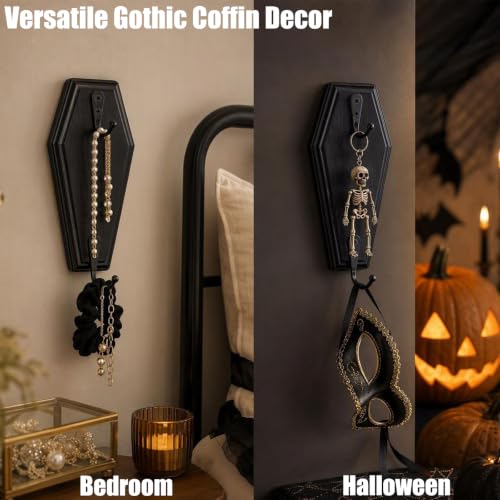 Gothic Coffin Wall Decor with 8 Hooks - Rustic Black Key Holder Set