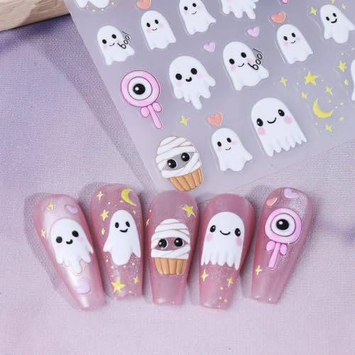 Halloween Nail Art Stickers 6 Sheets 5D Embossed Ghost & Mummy Design - 5D Colorful