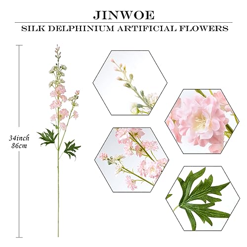 Pink Artificial Delphinium Flowers 34 Inch Tall Faux Silk Flower Stems for Home Wedding Decor - Set of 4