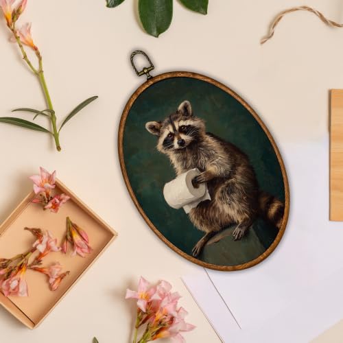 Funny Raccoon Wall Art - Toilet Paper Bath Oval Canvas Decor 8.6x11.4 inches - Raccoon Variation