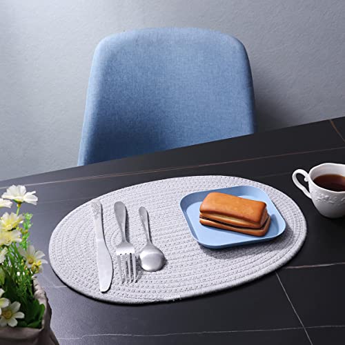 Gray Oval Woven Placemat Set of 4 with Round Coasters - Cotton Rope Table Mats