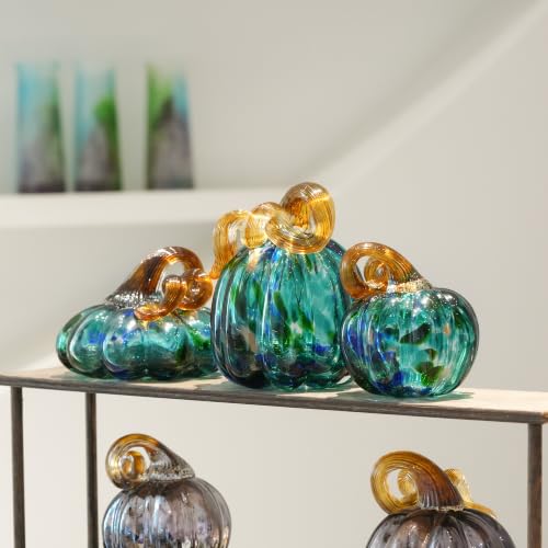 Green Blown Glass Pumpkins Figurines - Fall Thanksgiving Halloween Decor - Set of 3