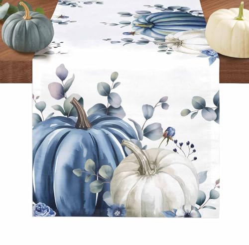 Fall Thanksgiving Table Runner 13 x 90 Inches Grey Blue Pumpkin Eucalyptus