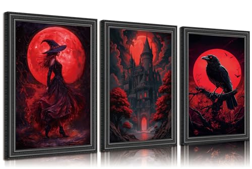 3-Pack Red Halloween Canvas Wall Art Set - 12x16 Inches Unframed, Gothic Decorative Posters