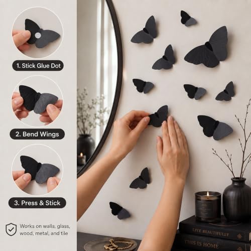 Halloween 3D Moth Wall Decor Stickers - Black Butterfly Set, 120 Pieces in 3 Sizes