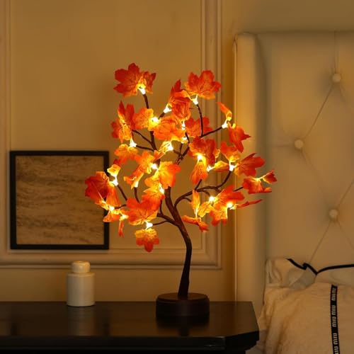 2 Pack 20-Inch Lighted Artificial Maple Trees for Fall & Thanksgiving Decor - Battery & USB Operated