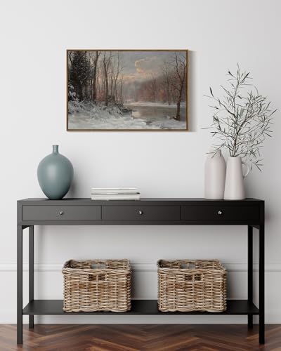 Vintage Framed Canvas Wall Art - Winter Stream Landscape, 30x20 Inch