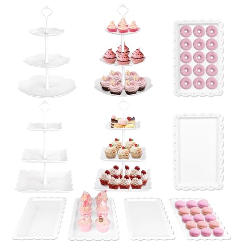 White 10-Piece Cupcake Stand Dessert Table Display Set - 3 Tiers, Plastic Trays