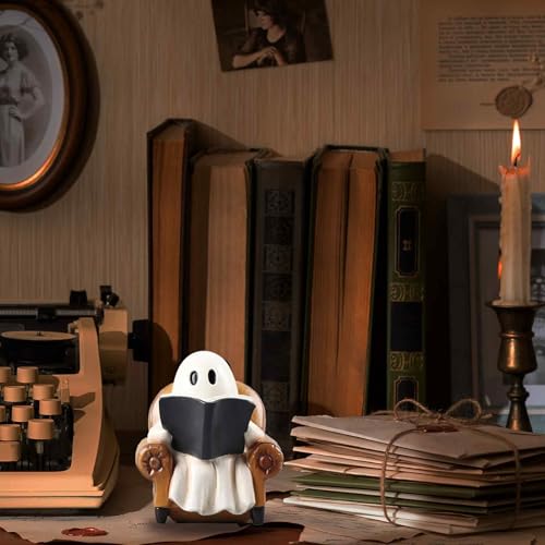 Indoor Halloween Ghost Reading Book Figurine - Cozy Spooky Home Decor - Brown Variation