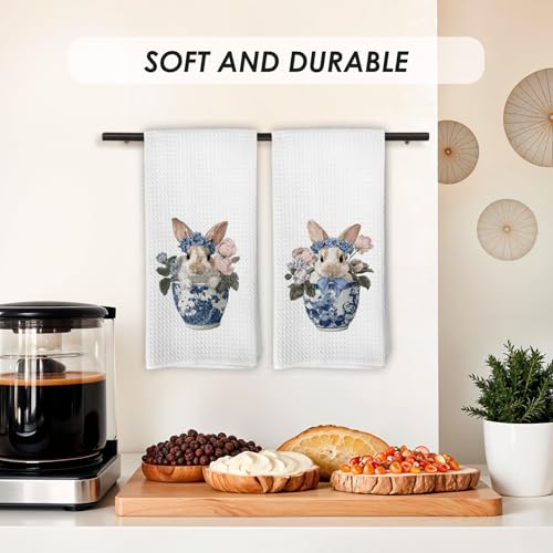 Chinoiserie Easter Bunny Kitchen Dish Towels Set of 2 - Blue & White Floral Bunny Hand Towels - Bunny-05