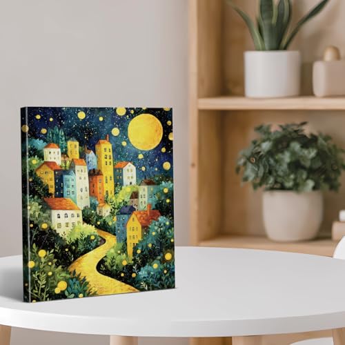 Moonlit Village Canvas Wall Art - Whimsical Landscape, 8x10 Inches, Variation 16