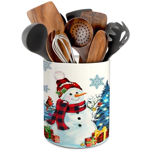 Christmas Snowman Ceramic Utensil Holder - Holiday Kitchen Decor - Pinata