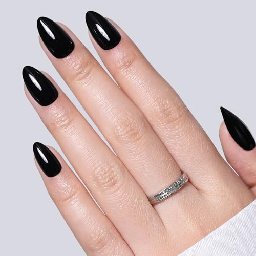 Black Almond Press-On Nails Set - Reusable False Nails with 16 Sizes, Black Diamond Variation