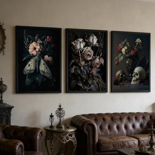 Gothic Wall Art Set - Skull Moth Dark Academy Poster Wall Decor - 24"Lx16" Variation