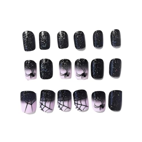 Halloween Short Square Fake Nails with Spider Web & Gradient Design - Style10