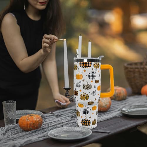 40 oz Pumpkin Travel Mug with Handle & Straw - Fall Thanksgiving Insulated Tumbler - Orange Pumpkin