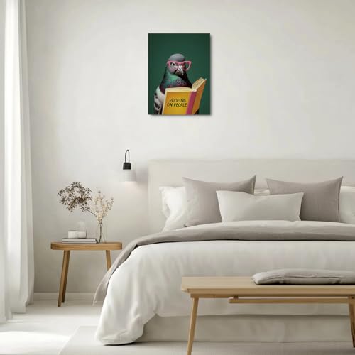Funny Pigeon Reading Wall Art Poster - Bird Lover Gift - Framed Canvas - Pigeon Reading 537