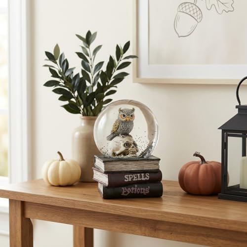 Halloween Snow Globe Owl Skull Decor - Gothic Resin Water Globe on Spell Book Base