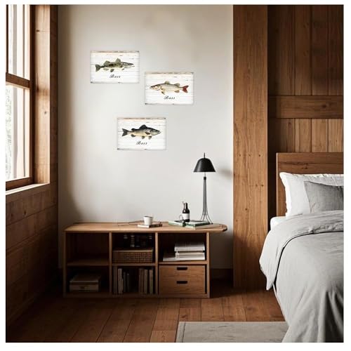 Fish Wall Art Canvas Prints 12x16 Inches - Rustic Bass Fish Decor 3-Piece