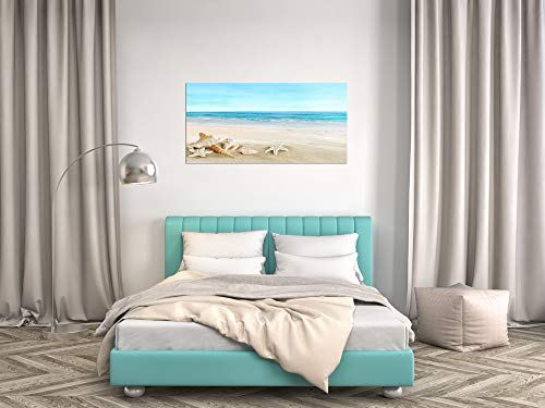 Beach Canvas Wall Art - Ocean Scene with Starfish & Seashells, 48x24 Inches Seashell Seaside Variation