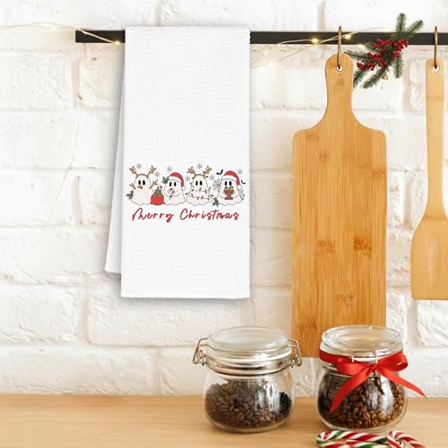 Christmas Ghosts Kitchen Towels - Funny Ghost Santa Light Dish Waffle Towel for Holiday Decor