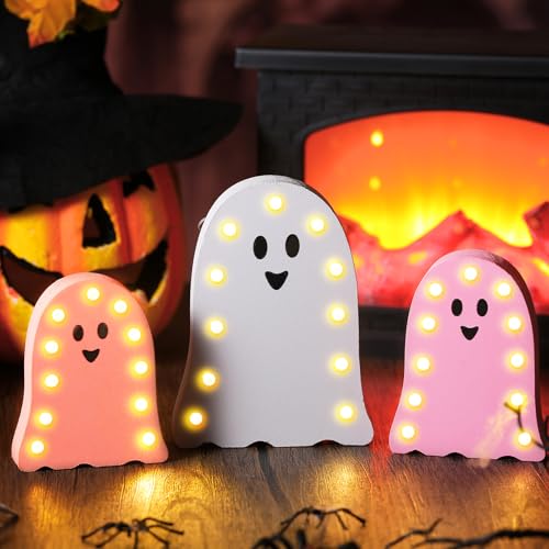 Halloween Ghost LED Table Centerpiece Set - Pink & White Wooden Decor for Home & Party