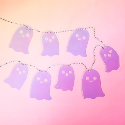 Halloween Iridescent Ghost Garland - 6 Ft Spooky Decor with Black & White Twine - Ghost Variation
