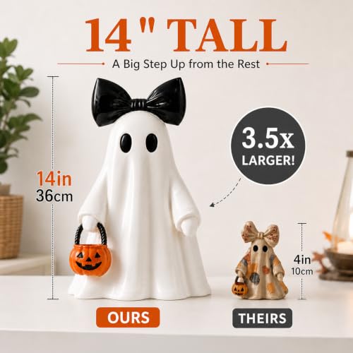 Large 14-Inch Lighted White Ghost Figurine with Pumpkin Lantern & Remote Timer - Halloween Decor Variation of Ghost with Pumpkin-White
