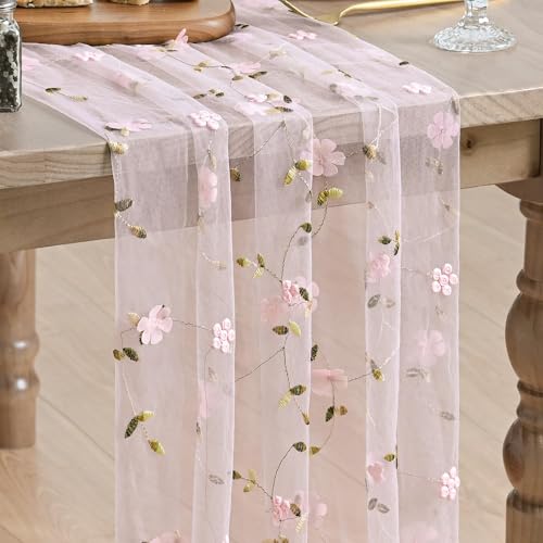 Pink 3D Flower Gauze Embroidery Table Runner - 28 x 120 Inch