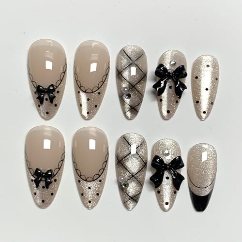 BABALAL Medium Almond Fake Nails Set with French Tips & Cat Eye Bling - Variation CNF001-01