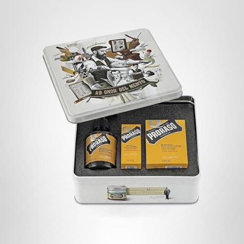 Proraso Wood and Spice Complete Beard Care Kit - Beard Wash, Oil, and Balm with Warm, Woodsy Scent - Premium Italian Gift Set for Men in Collectible Tin Box