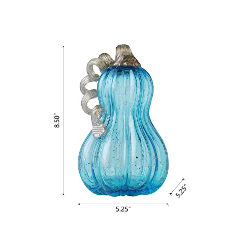 Hand Blown Glass Pumpkin Decor - 8.5-Inch Blue Fall Centerpiece for Thanksgiving & Halloween