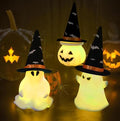 Light Up Ghost Pumpkin Figurine Set - Halloween Decor with Witch Hats - Classic Variation