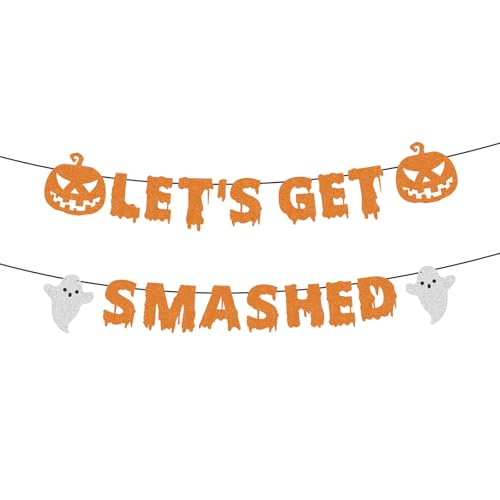 Halloween Banner Let's Get Smashed - Glitter Orange Pre-Strung Party Decoration with Ghost & Pumpkin, Scary Theme, Easy Setup