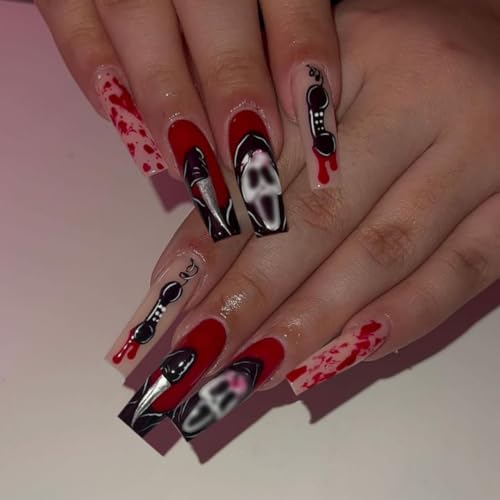Halloween Press On Nails Long Square Fake Nails Horror Blood Ghost Design - Variation of THIS listing Hallowen / Style-28