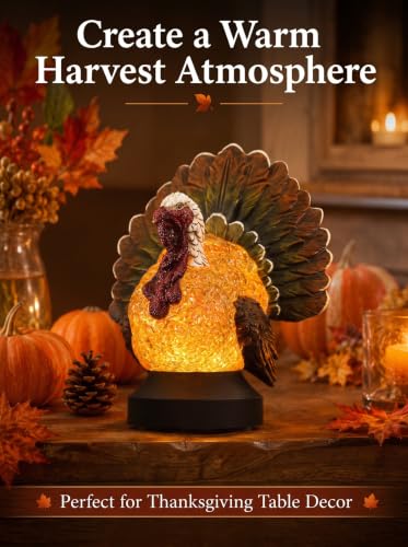 Thanksgiving Turkey Snow Globe Lantern - Fall Decor with Swirling Glitter & Timer - Lighted Halloween Tabletop Decoration - Battery & USB Powered - Thanksgiving Turkey Variation