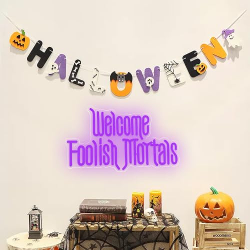 Purple Welcome Foolish Mortals Neon Sign - Haunted Mansion Dimmable LED Wall Decor