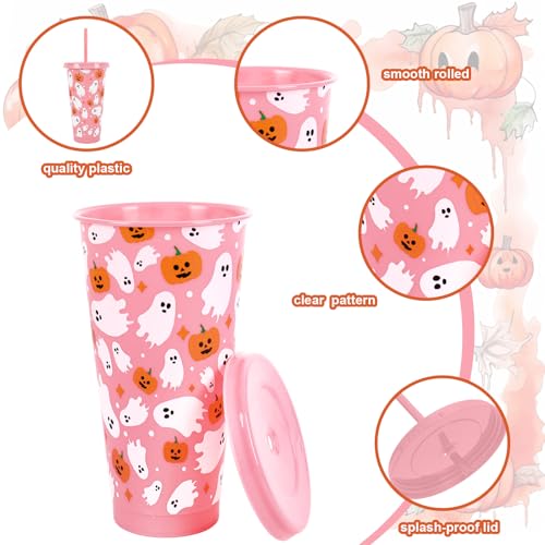 Pink Halloween Plastic Cups with Lids & Straws 24oz - Ghost & Pumpkin Design, Reusable Party Cups