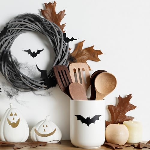 Halloween Bat Ceramic Utensil Holder - Gothic Kitchen Countertop Organizer with Customizable Sticker - Farmhouse Decor