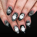 Halloween Press On Nails - Medium Oval Black Ghost Pumpkin Spiderweb Style-39, 24Pcs