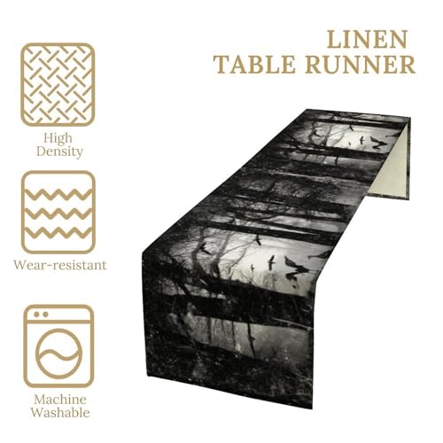 Gothic Forest Crow Table Runner 13x36 Inch - Mysterious Black Birds Decor