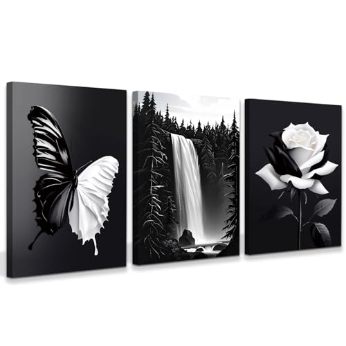 Black and White Butterfly and Flowers Wall Art - Ready to Hang Landscape Decor