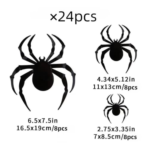 Halloween Spider Wall Stickers Set - 24pcs 3D Realistic Black Spiders with Foldable Legs - Waterproof Indoor Outdoor Decor - Adhesive Dot Included - Spd01